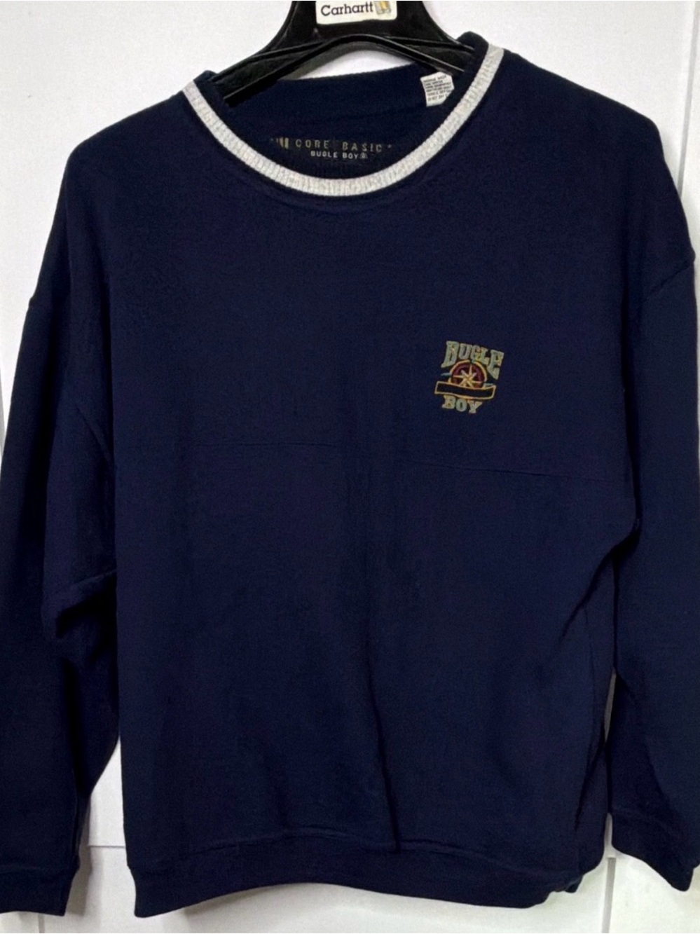 Vintage Bugle Boy Navy Crewneck with Light Gray Trim and Chest Logo